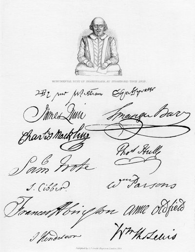 シェイクスピアの胸像と有名な俳優の署名、1840 作： Unbekannt