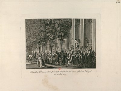 パレ・ロワイヤル庭園のカミーユ・デスムーラン、c。 1797-1800。 作： Unbekannt