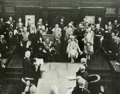 キャンベラ、オーストラリア。 1937年5月9日、1937年に最初の連邦議会を開く両陛下。 作： Unbekannt