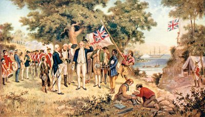 ジェームズ・クック船長がイギリス王室の名の下にニューサウスウェールズを占領、1770年 作： Unbekannt