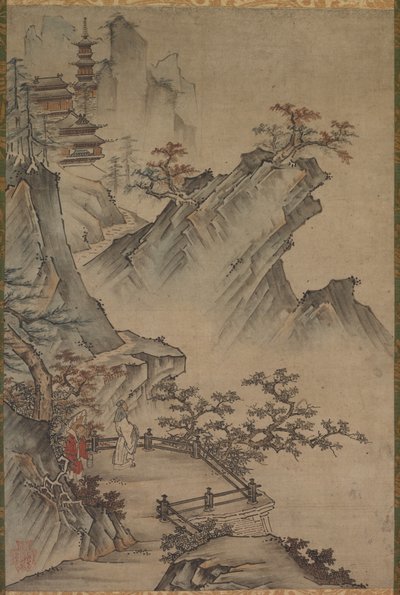おそらく1500年代から1600年代の半ばから後半まで、渓谷を眺める中国のリテラタス。 作： Unbekannt