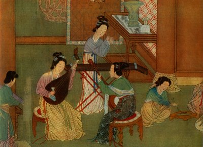 中国のリュートパイパ、ムーンギターユエチン、テーブルツィターチン、シルクの絵画の詳細 作： Unbekannt