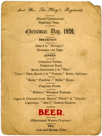 クリスマスの日メニュー、第2大隊、キングス連隊、イラク、1926 作： Unbekannt