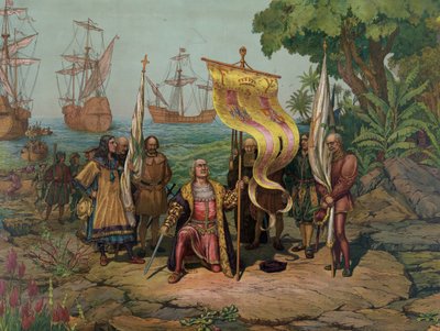 スペインのために「新世界」を主張するクリストファー・コロンブス（1451〜1506）（リトグラフ 作： Unbekannt