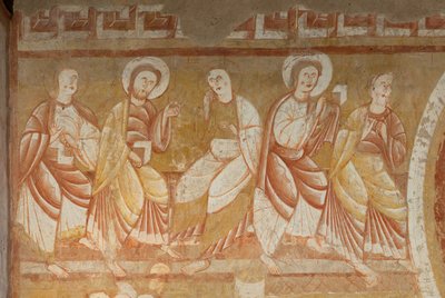 教会（Église Saint-Martin）。内部の様子。壁画（フレスコ画）。身廊の西壁。詳細。使徒たち。12世紀。 作： Unbekannt