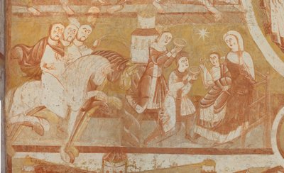 教会（Église Saint-Martin）。内部の様子。壁画（フレスコ画）。身廊の西壁。詳細。マギの到着、マギの崇拝。12世紀。 作： Unbekannt