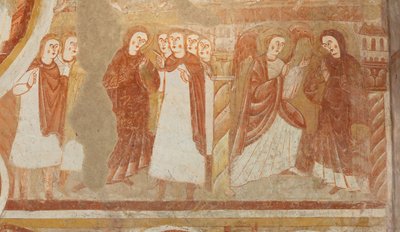 教会（Église Saint-Martin）。内部の様子。壁画（フレスコ画）。身廊の西壁。詳細。聖母の告発と受胎告知。12世紀の作品。 作： Unbekannt