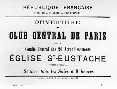 1871年5月のパリコミューンのフランスの政治ポスターからのクラブセントラルデパリ 作： Unbekannt