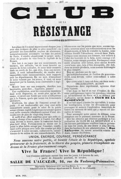 1871年5月のパリコミューンのフランスの政治ポスターからのクラブデラレジスタンス 作： Unbekannt