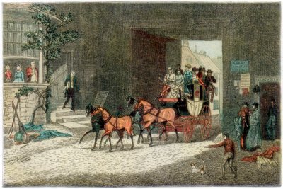 1890年に旅館の庭に到着したコーチ 作： Unbekannt