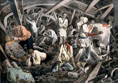 屋根の落下によって地下に閉じ込められた炭鉱夫、Courrieres鉱山、Pas-de-Calais、フランス、1906 作： Unbekannt