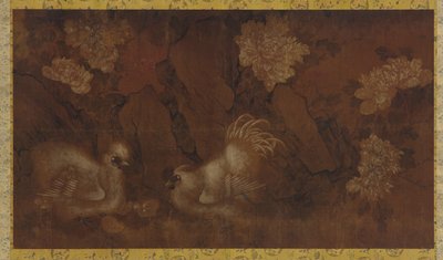 牡丹の茂みの近くの雄鶏、鶏、鶏、清王朝、18世紀。 作： Unbekannt