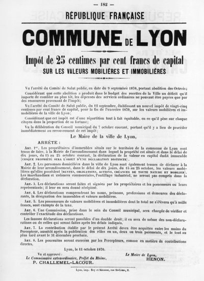 1871年5月のパリのコミューンのフランスの政治ポスターからのコミューンドリヨン 作： Unbekannt