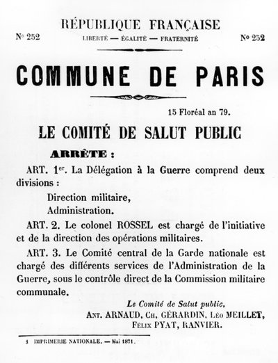 1871年5月のパリのコミューンのフランスの政治ポスターからのコミューンドパリ 作： Unbekannt