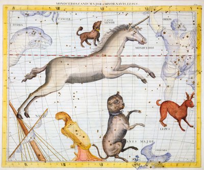 いっかくじゅう座、おおいぬ座とこいぬ座の星座、1729年 作： Unbekannt