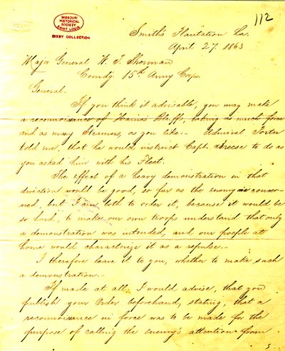 1863年4月27日、ルイジアナ州スミス・プランテーションのU.S.グラントからW.T.シャーマン将軍への手紙の現代版コピー 作： Unbekannt
