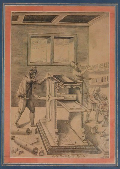 作業中の銅版プリンター、デービス アルバムのフォリオ、イラン、日付 A.H. 1199A.D. 1784-85。 作： Unbekannt