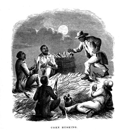 トウモロコシの殻むき、トウモロコシの殻をむく黒人労働者、アメリカ南部、c1850 作： Unbekannt