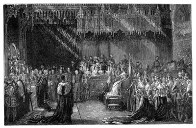 1838年6月28日、ロンドンのウェストミンスター寺院でのビクトリア女王の戴冠式 作： Unbekannt