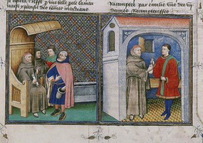 汚職。ジョヴァンニ・ボッカチオのデカメロンと呼ばれる本のミニチュア、1460年代。 作： Unbekannt