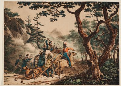1825年、森の中でフランスの兵士を攻撃するコサック 作： Unbekannt