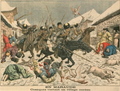 朝鮮の村を脅かすコサック、日露戦争、1904 作： Unbekannt