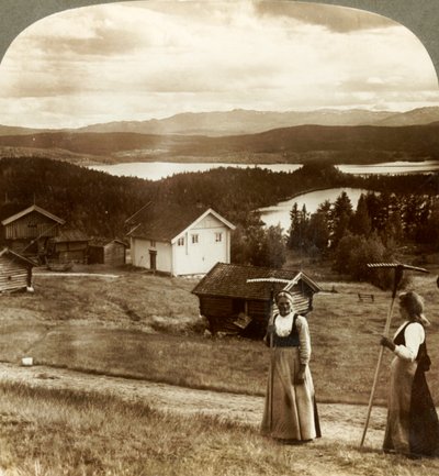 干し草の時期の田舎の女の子-ボルケスホ湖とフォルスホ湖を越え、ノルウェーのヒミンゲン山、c1905。 作： Unbekannt