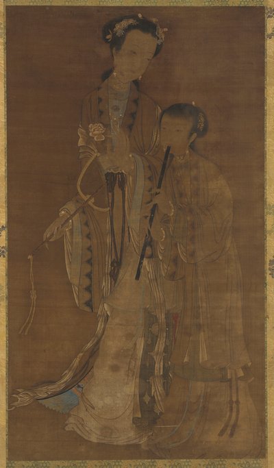 扇子と笛を持った娼婦、清王朝、17～18世紀。 作： Unbekannt
