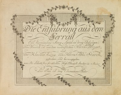 モーツァルトのオペラ「後宮からの誘拐」の初版の表紙、1786 年以降 作： Unbekannt