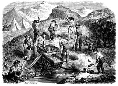 1849年、カリフォルニアのゴールドフィールドで金を探す 作： Unbekannt