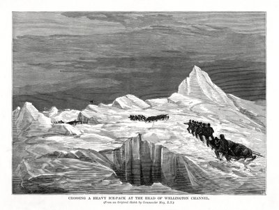 ウェリントン海峡の頭で重い氷塊を渡る、1877年 作： Unbekannt