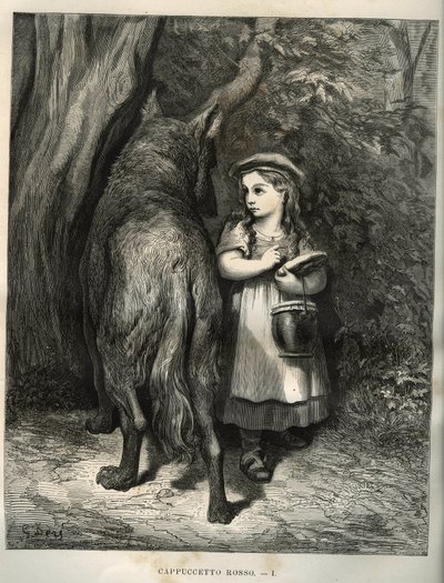 森を越えて、赤ずきんちゃんは狼に出会う。シャルル・ペロー（1628-1703）の「コンテ」からギュスターヴ・ドーア（1832-1883）が描いた版画。 作： Unbekannt