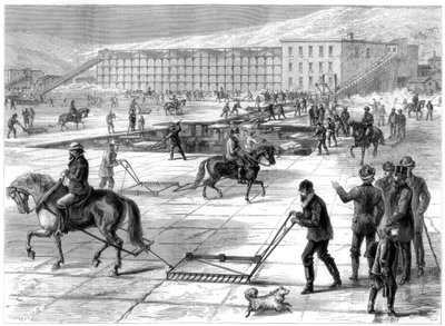 1875年、ニューヨーク州ハドソン川で氷を切断して保管 作： Unbekannt