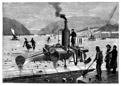 カナダのセントローレンス川で氷を切断する、1894年の蒸気式のこぎりを使用 作： Unbekannt