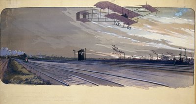 航空の始まり：1910年4月27日～28日に開催されたロンドン/マンチェスター300km直線レースで、複葉機で線路上を飛行するルイ・ポーラン（1884～1963）。 作： Unbekannt