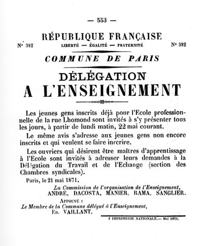 1871年5月のパリのコミューンのフランスの政治ポスターからの代表団、LEnseignement 作： Unbekannt