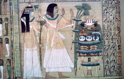 オシリスに供物をしている男性とその妻の描写 作： Unbekannt
