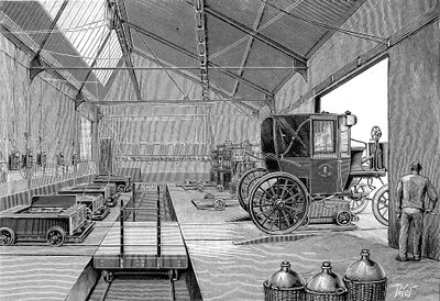 1899年に電動のパリのタクシーに充電済みのバッテリーが取り付けられた倉庫 作： Unbekannt