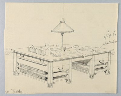 両側に2枚のオープン・ストレッチャー・シェルフを備えた大規模な図書館用収納テーブルのデザイン、1900-05年 作： Unbekannt