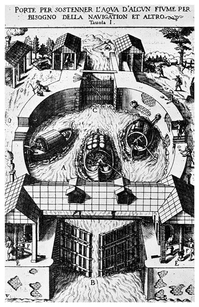ヒンジ付き運河ロックゲートの設計、レオナルドダヴィンチ、15世紀1956 作： Unbekannt