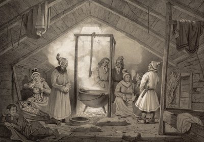 フィンランドの農家のコテージの内部。図版は「Norge fremstillet i Tegninger av Asbjørnsen, P.Chr. og utgitt av Chr.Tønsberg」（no, 1848）から引用したものです。
日曜日はSamiにイヤーハウスを着せました。「木造の小屋（...）は、Sölapperneの中で例外的にしか見られません。 作： Unbekannt