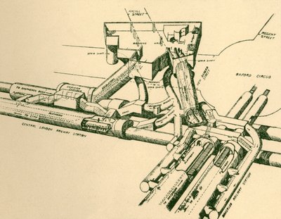 1930年のオックスフォードサーカスにある新しい地下鉄駅の図。 作： Unbekannt