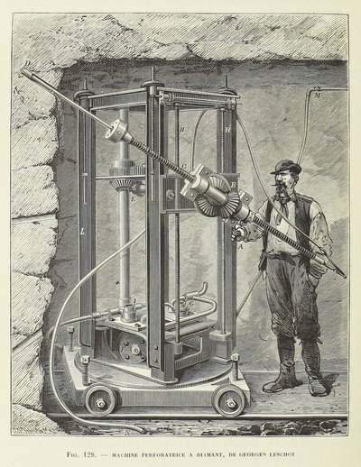 パブのジョルジュ・レショーが設計したダイヤモンド掘削機。 1883 年の彫刻、1883 年。 作： Unbekannt