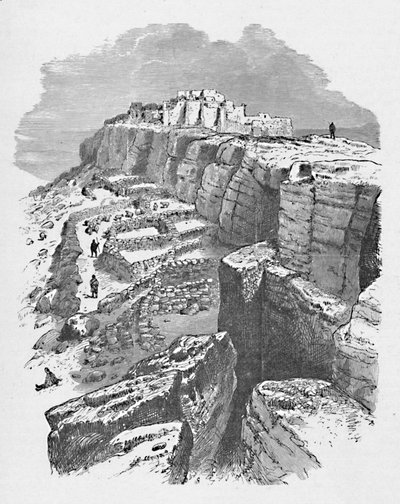羊のペンが手前にあるモキの遠景、1883年 作： Unbekannt