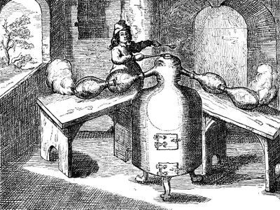 1689年の2人の鼻を持つ鉄人における硝酸アクアフォルティスまたは別れ酸の蒸留 作： Unbekannt