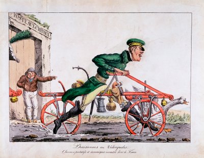 1818年のフランスの郵便局で馬を入れ替えていることを示したDraisienneまたはvelocipede 作： Unbekannt