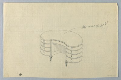 図面、腎臓型ライティングテーブルA（引き出し8個付き）のデザイン 作： Unbekannt