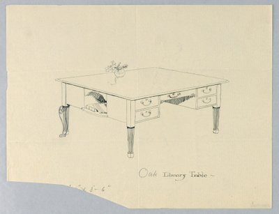 図面、サイドニッチと脚のバリエーションが示された図書館用テーブルのデザイン 作： Unbekannt