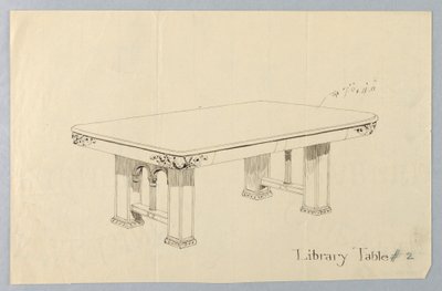 丸い角にプッティの顔が彫られた「図書館用角型テーブルのデザイン」ドローイング#2 作： Unbekannt
