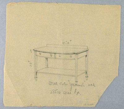 図面、2つの引き出しと凸面の前面を備えたサービングテーブルの設計、1900–05 作： Unbekannt